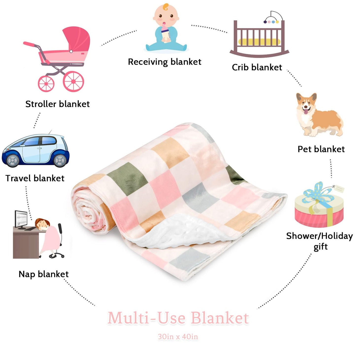 DILIMI Baby Blanket, Soft Warm Newborn Toddler Minky Plush Dot Blanket for Girl and Boy Unisex (40×30 in), Colorful Checkered