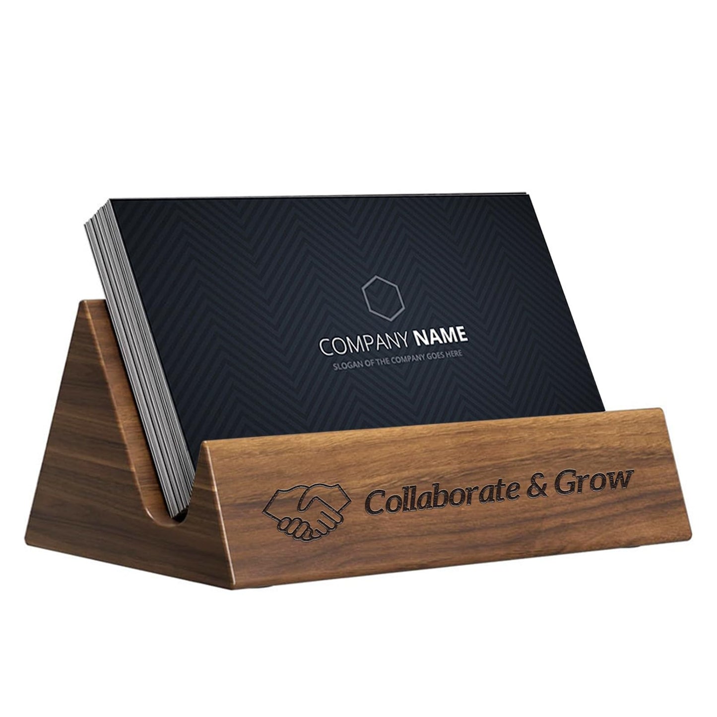 HJX Personalized Business Card Holder Desk - Wood Business Card Case Holder,Engraved Collaborate & Grow Business Card Display Gifts for Men Women (Walnut-T) (Walnut-A)
