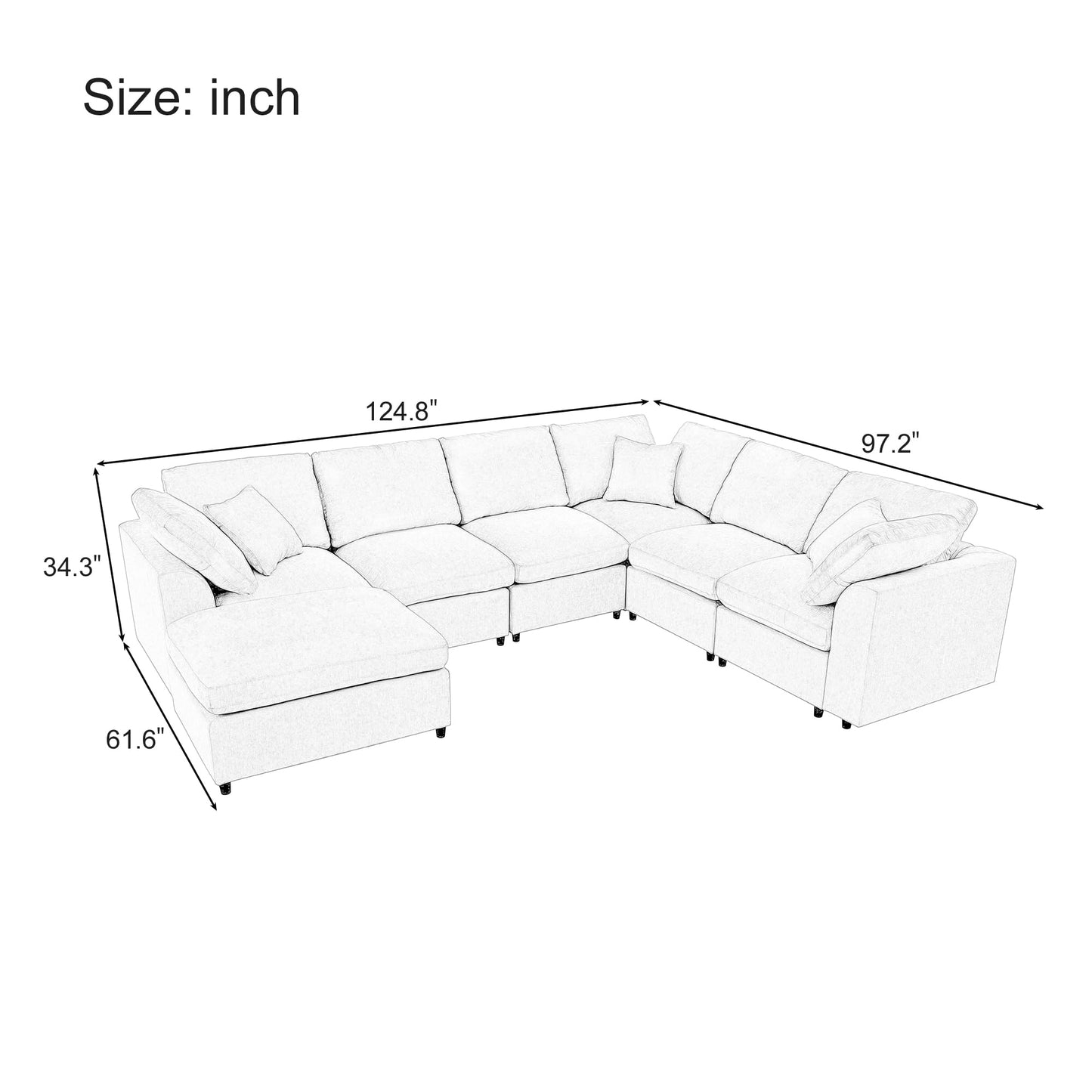 124.8" W Modular Sectional Sofa L Shaped Modern Couch with Ottoman, Deep Seat and Wide Chaise for Living Room, Gray