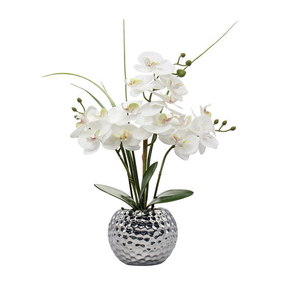 Oairse Artificial White Phalaenopsis Orchid Flower Arrangements 20.8" Faux Orchid Flower in Silver Pot Orchid Centerpiece for Dining Room Table