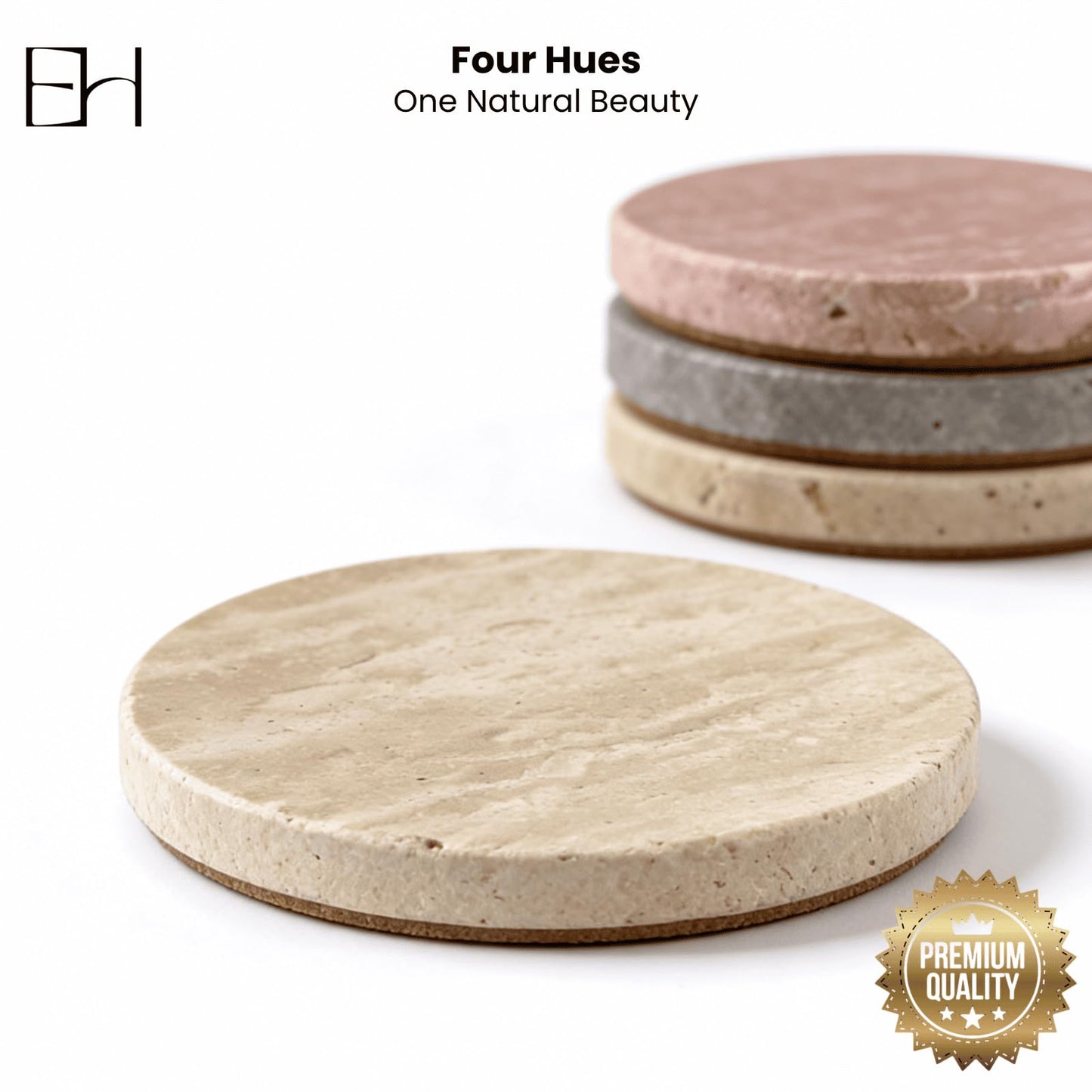 Marble Coasters Set of 4 - Stone Coaster for Drinks, Coaster with Cork for Tabletop & Coffee Table Decor, Ideal Home Decor House Warming Gifts (Quartet Travertine)