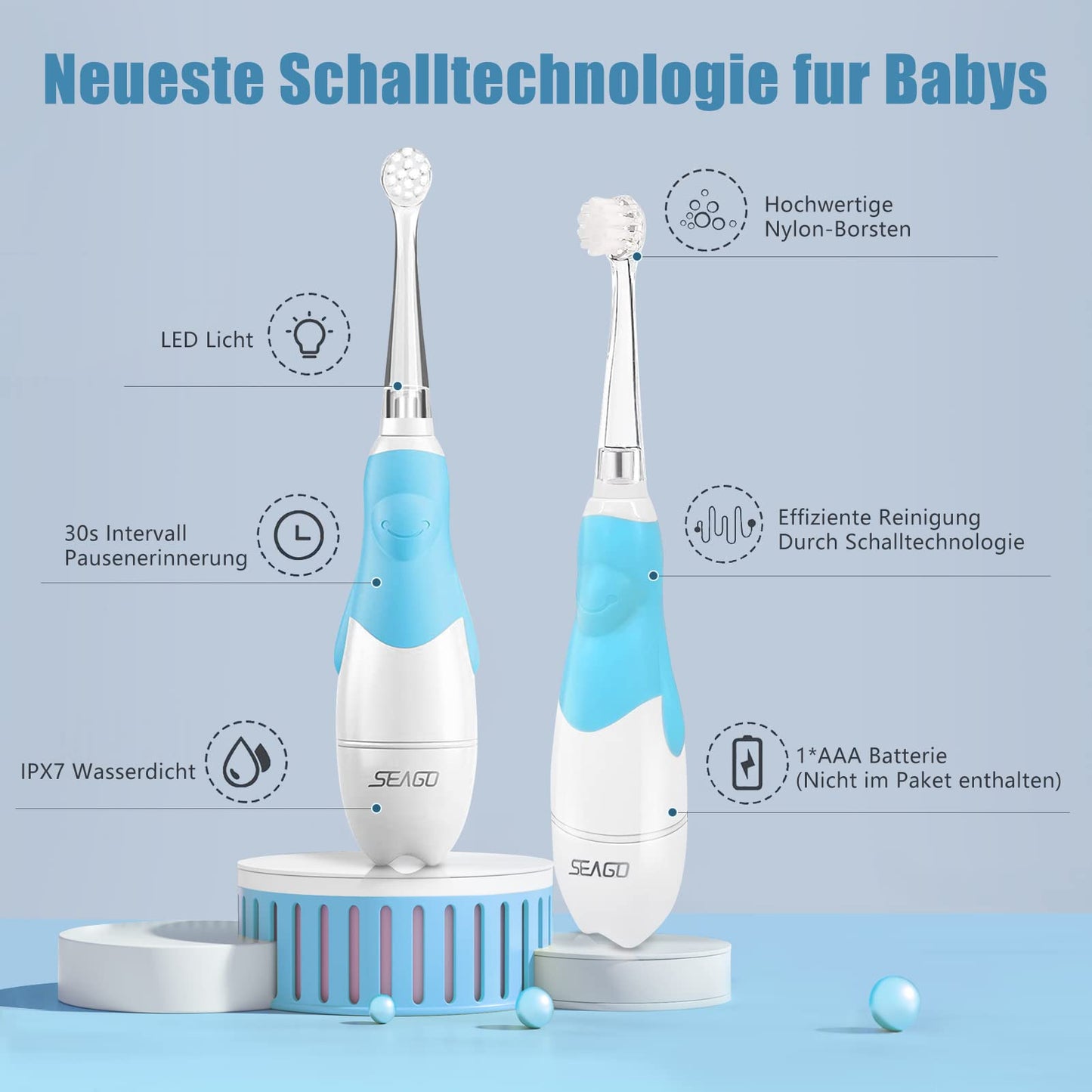 Seago Baby Toothbrush Age 0-2-3 Years Old Electric Toddler Kids Battery Powered Sonic Tooth Brush with Timer LED Light and 4 Soft Brush Heads for 6 Months and Up SG513 (Baby Blue)