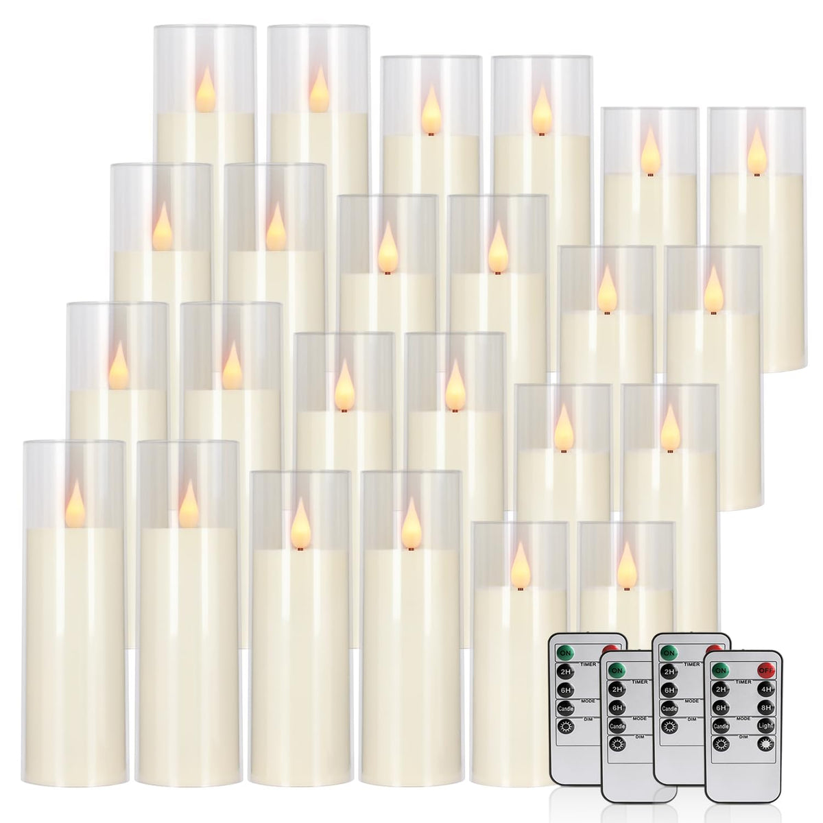 fclayvts 24 Packs of Acrylic LED Candles, Flickering Flameless Candles Battery Operated with Remote Dimmed and Timed, 3D Wick Candles for Home Decor,Wedding,Gift，Parties and Festivals. (3 Size)
