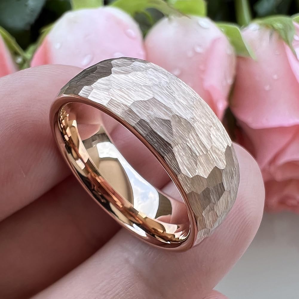 TUTISS 8mm Rose Gold Hammered Tungsten Rings for Men Women Engagement Wedding Bands Domed Matte Finish Comfort Fit Size 15
