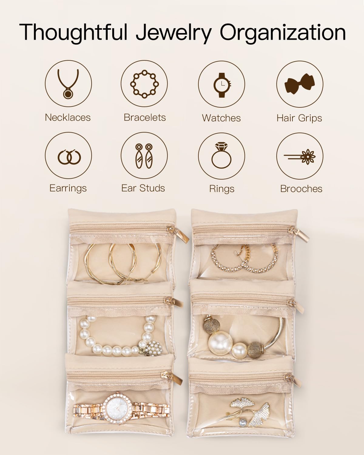 Vlando Travel Jewelry Case,Valentines Gifts,Small Jewelry Box Organizer,Travel Jewelry Storage with 6 Velvet Jewelry Zipper Pockets, Birthday Gifts for Women Girls (White)