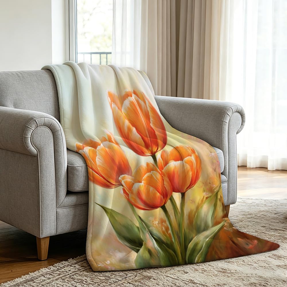 HUNXIAOJ Tulip Blanket Floral Throw Blanket Tulip Gifts for Women Rustic Flower Decor Floral Bedding Warm Soft Flannel for Girl Sofa Couch (49in x 59in)