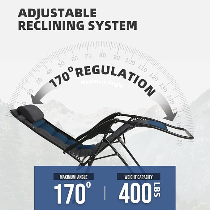 Zero Gravity Chair Oversized Folding Recliner XL, Padded Anti Gravity Lounge Chair with Adjustable Pillow & Cup Holder for Outdoor Camping, Patio, Poolside, Lawn (Black & Blue)