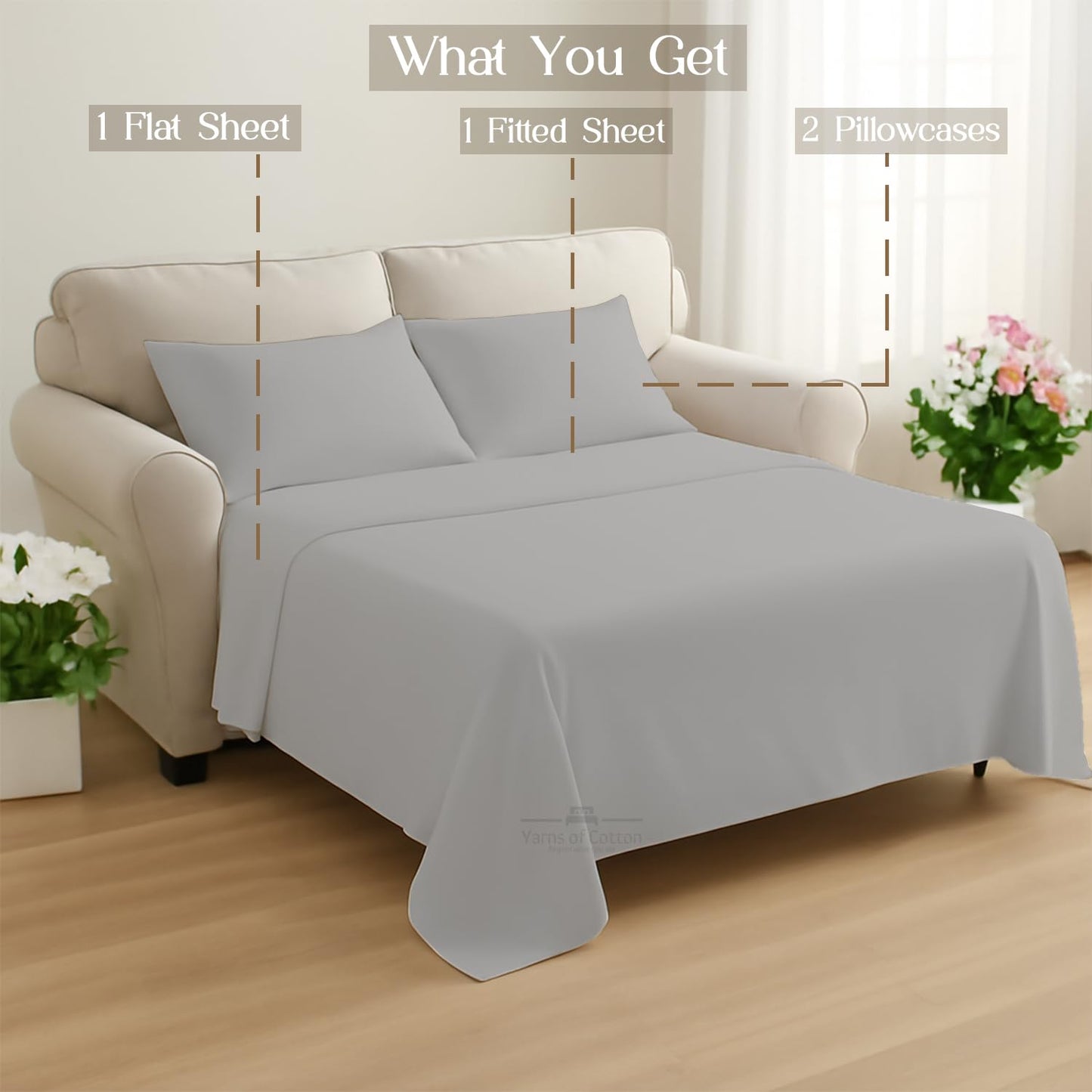 Sleeper Sofa Bed Sheet, 100% Cotton 400 Thread Count, 4 Piece Set, Deep Pocket Fitted Sheet, Soft Wrinkle Free & Breathable, Luxury Hotel Quality, Fits Up to 6 Inch Mattress (Full, Light Grey)
