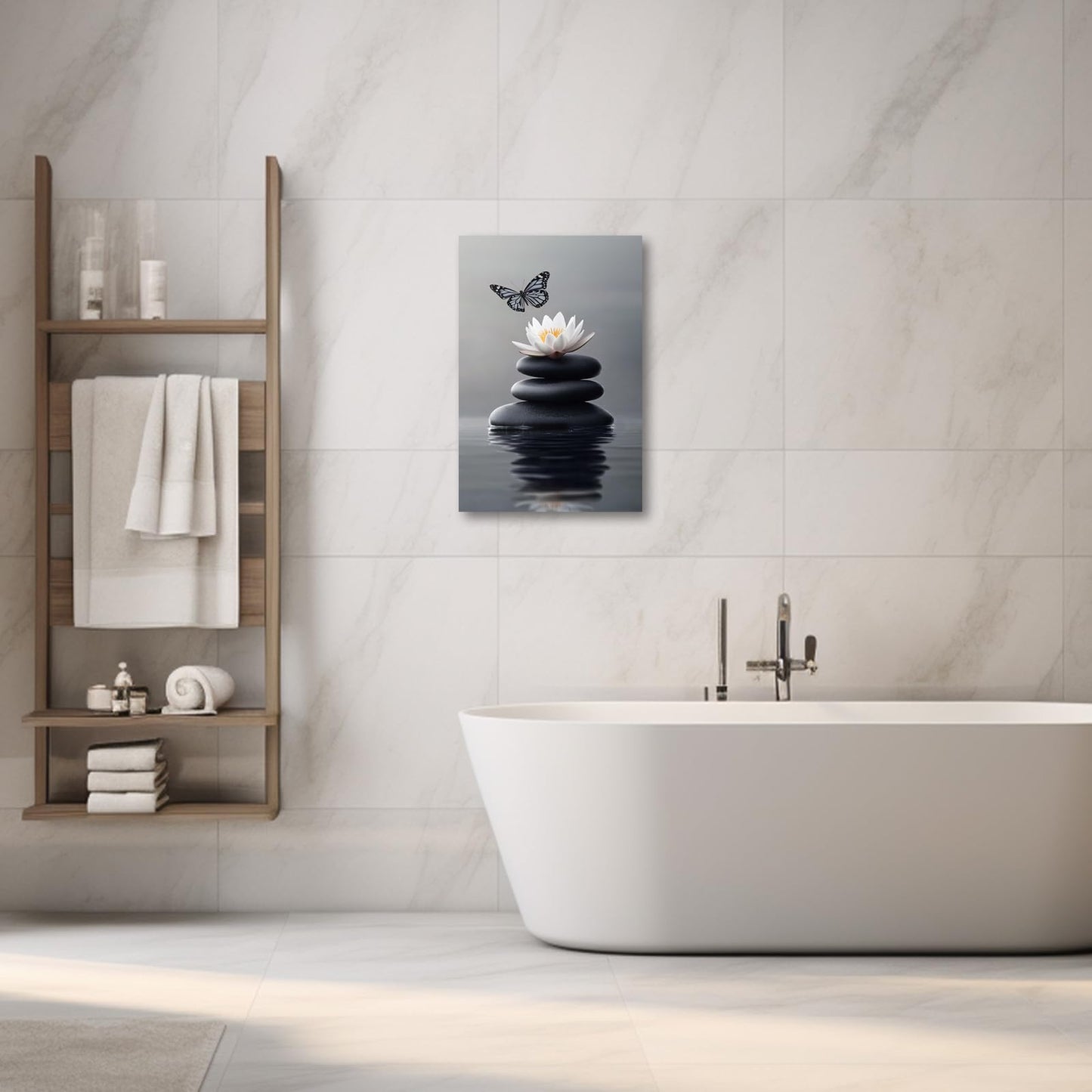 PBXBJY Zen Bathroom Decor Lotus Flower Wall Art Office Meditation Poster Stone in Water Canvas Prints Spiritual Artwork Spa Decor (Gray, (12.00" x 18.00"))