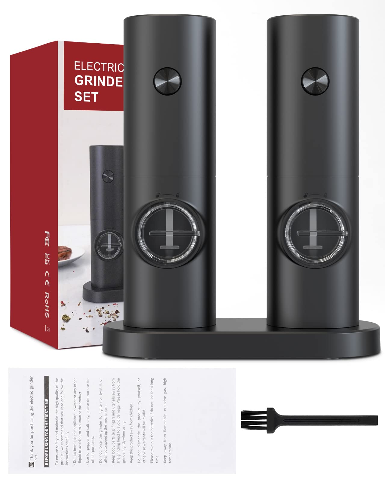 COKUNST Electric Pepper and Salt Grinder Set, Battery Powered Adjustable 5 Levels of Coarseness Black Pepper Mills with Stand, Automatic Grinding with LED Light for BBQ Resturant Kitchen