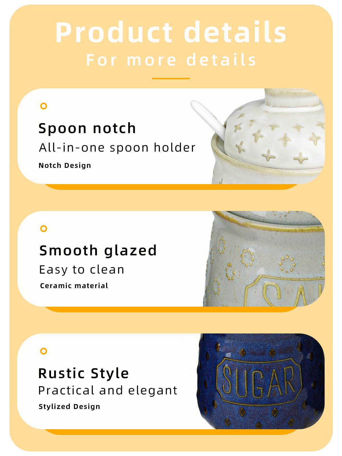 GDCZ 10 Oz Sugar Pepper and Salt Bowls with Lid and Spoon, Ceramics Seasoning Container, Seasoning Jar Spice Container for Kitchen,Dishwasher Safe, Set of 3 (White)