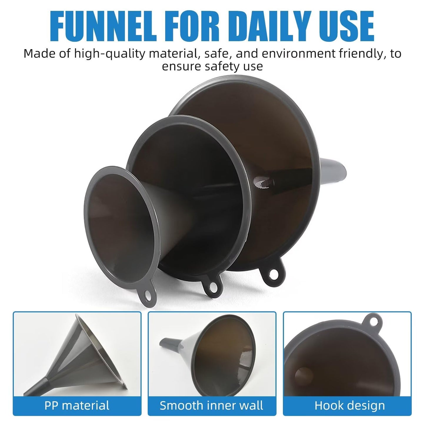 Plastic Kitchen Funnel Set of 3, Round Kitchen Funnels for Filling Bottles, Durable and Multifunctional Funnels for Filling Canning, Cooking, Lab or Car Oil (Gray)