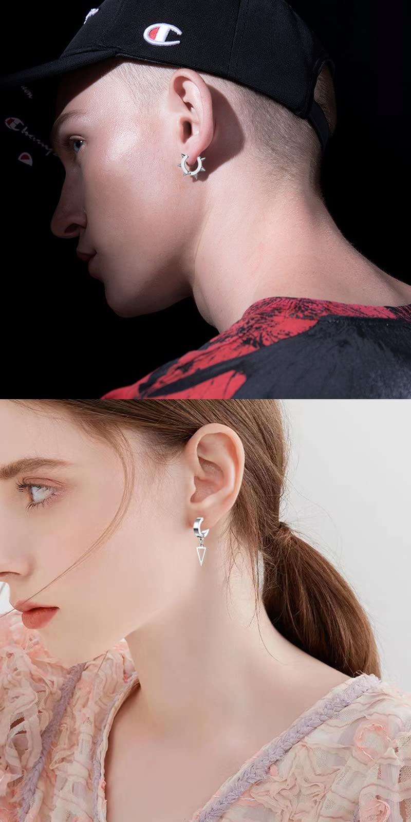 5 Pairs Silver Stainless Steel Non-Piercing Spike Rivet Geometric Triangle Dangle Tassel Clip on Hoop Earrings Set for Women Men, Non Pierced Fake Ear Clip Stud Earrings