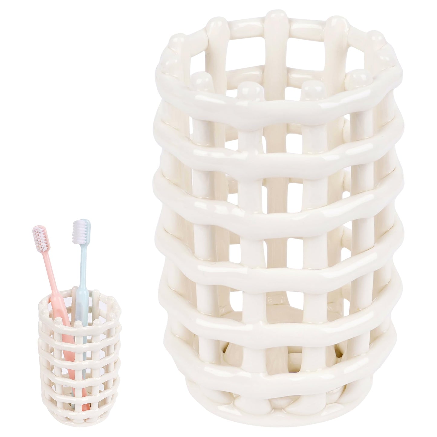 DODAMOUR Ceramic Toothbrush Holder, Boho Woven Grid Bathroom Cup, Breathable Openwork Makeup Brush Organizer, Modern Lattice Stand for Vanity Countertop, Toothpaste Storage - White
