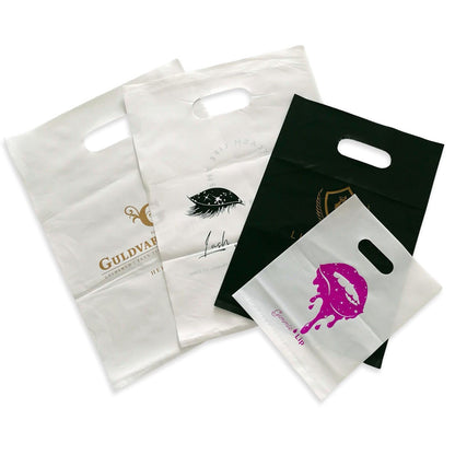 100 SALIFECO Custom Plastic Bags with Logo, 2.36Mil Personalized Shopping Bags with Die Cut Handles, Glossy Gift Bags for Small Business, Boutique, Retail, Trade Shows, Events, Parties (6x8In)