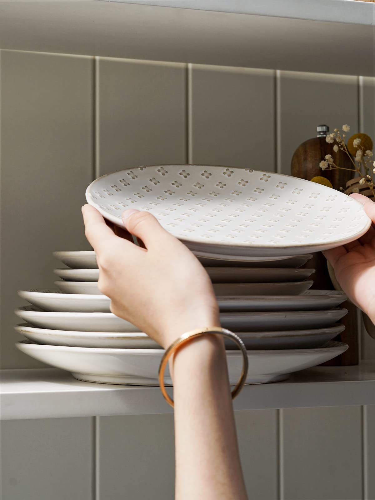 LE TAUCI Ceramic Salad Plates Set of 4, 8 Inch Embossed Appetizer Plates for Kitchen, Small Dessert Plates, Microwave & Dishwasher Safe Dinnerware Sets - Arctic White