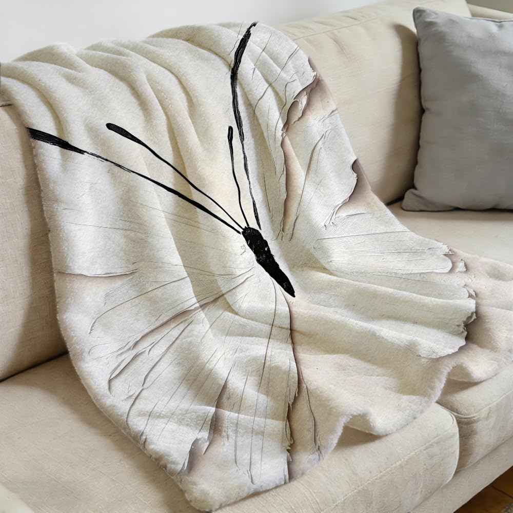 ZHOUSHUTONG Butterfly Throw Blanket Elegant White Butterflies Floral Print Gifts for Women Girls Super Soft Warm Cozy Flannel Blanket for Couch Sofa Bedroom Office Home Decor 49"x59"