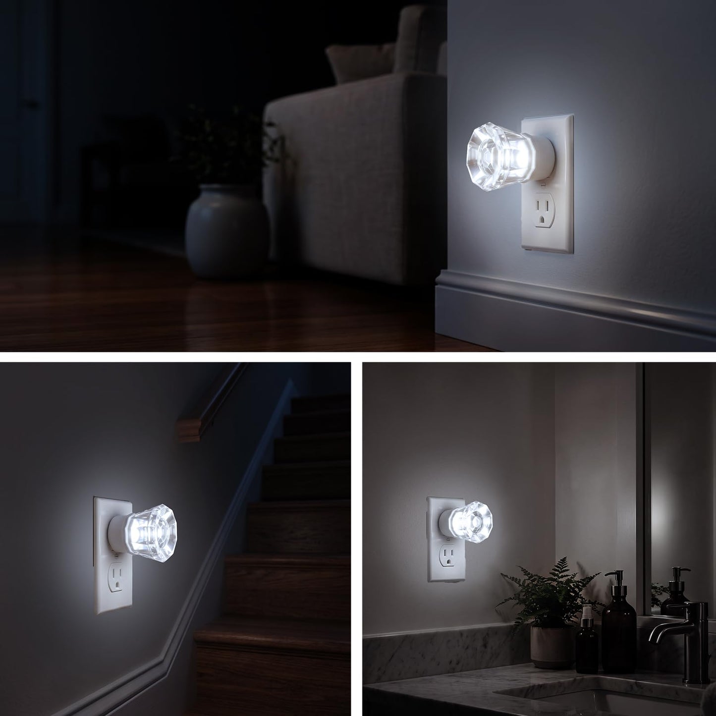 4-Pack LED Night Lights Plug in Wall, Crystal Acrylic Decorative Crown Design Nightlights with Dusk-to-Dawn Auto Sensor, 5000K Daylight 50LM, for Bedroom, Bathroom, Kids’ Room, Hallway, Living Room