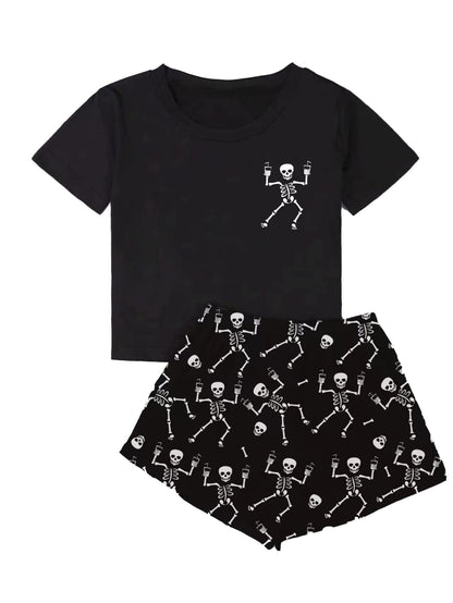 SweatyRocks Women's Cute Graphic Print Short Sleeve Crop Top with Shorts Pajama Set Skull Black L