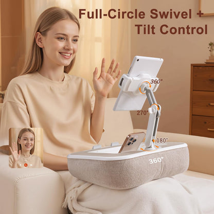 WISFISSH Tablet Pillow Stand with Snack Bowl and Writing Board, 360° Rotating Phone Holder for 4.7-13" Phone Kindle Tablet, Pillow Kindle Holder for Reading in Bed, Couch,Recliner,Floor Etc-Beige