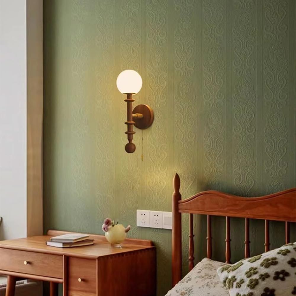 RXPVUXE Vintage Wood Wall Sconce Globe Glass Wall Lamp with Pull Chain Switch, Farmhouse Bedside Aisle Deco Lighting Fixture Retro Modern Wooden Wall Light for Living Room Hallway Stairs, E27