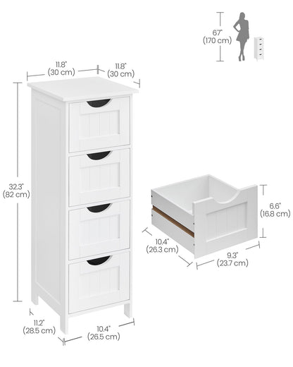 VASAGLE Bathroom Floor Storage Cabinet, Bathroom Storage with 4 Drawers, Bathroom Cabinet Freestanding, 30 x 30 x 82 cm, Modern Style, White LHC40W