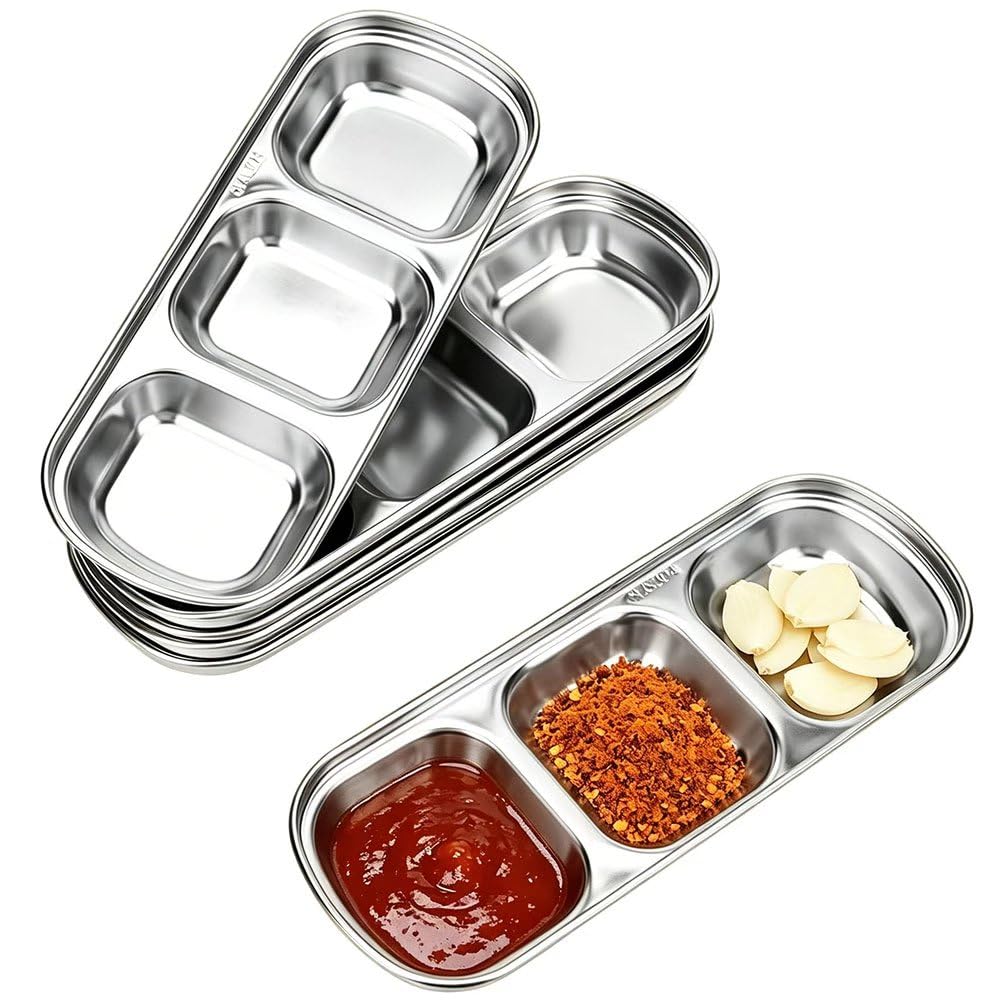 JBESUHI 6 Pcs Stainless Steel Soy Sauce Dish - Korean 3 Compartment Dip Bowls, Silver Divided Sauce Plate Seasoning Tray for BBQ, Vinegar, Spice, Salt, Sugar, Home & Restaurant (Silver)