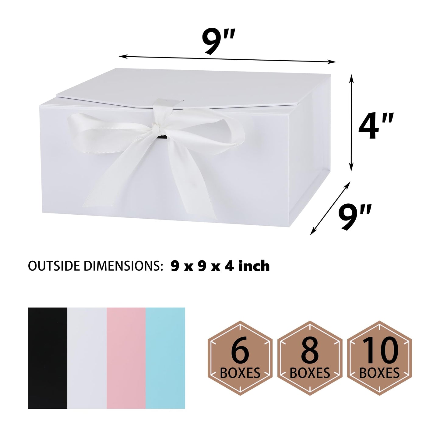 OEMVALATY 8-Pack Gift Boxes,9x9x4 Inch Magnetic Gift Boxes with Lids for Presents,White with Ribbon, Bridesmaid Proposal Box for Wedding, Storage, Birthday