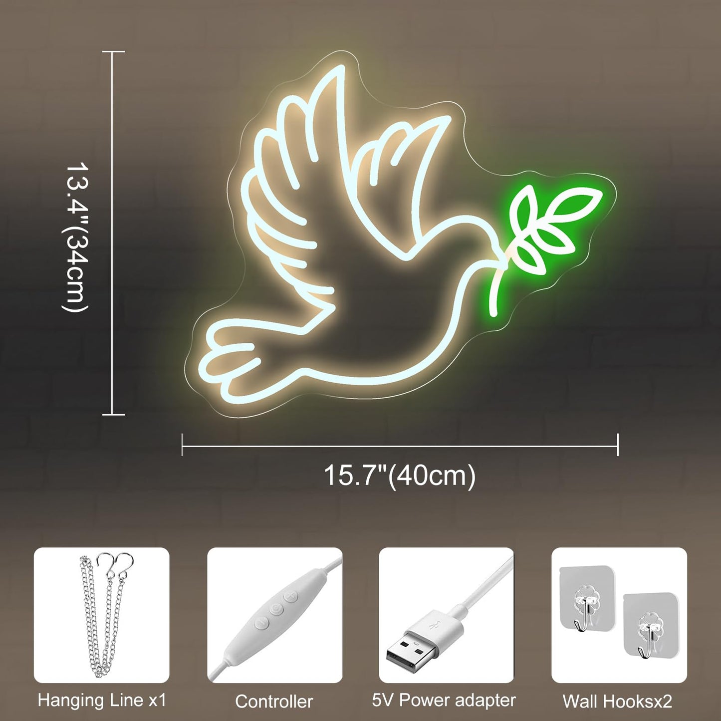 Dove of Peace Neon Sign, 15.7″ × 13.4″ Warm White Flying Pigeon with Olive Branch LED Light for Bedroom, Living Room, Meditation Space, Spiritual Decor, Personal Cave, Peace Dove Decor