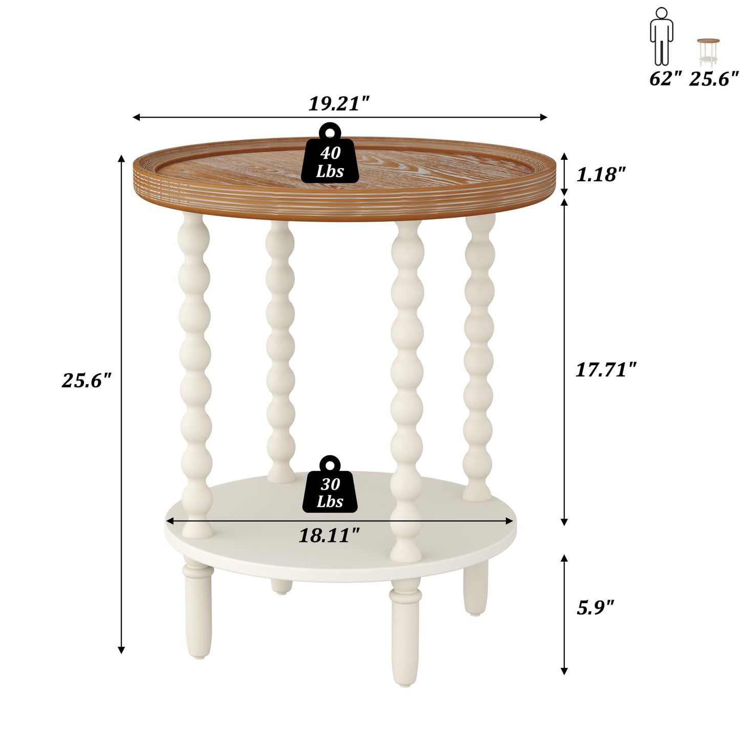 Function Home Round End Table, Farmhouse Side Table with Storage Shelf, 2 Tier Wooden Nightstand, 19.2” Accent Table for Living Room Bedroom Small Space, Natural Tray Top and Vintage White Spindle Leg