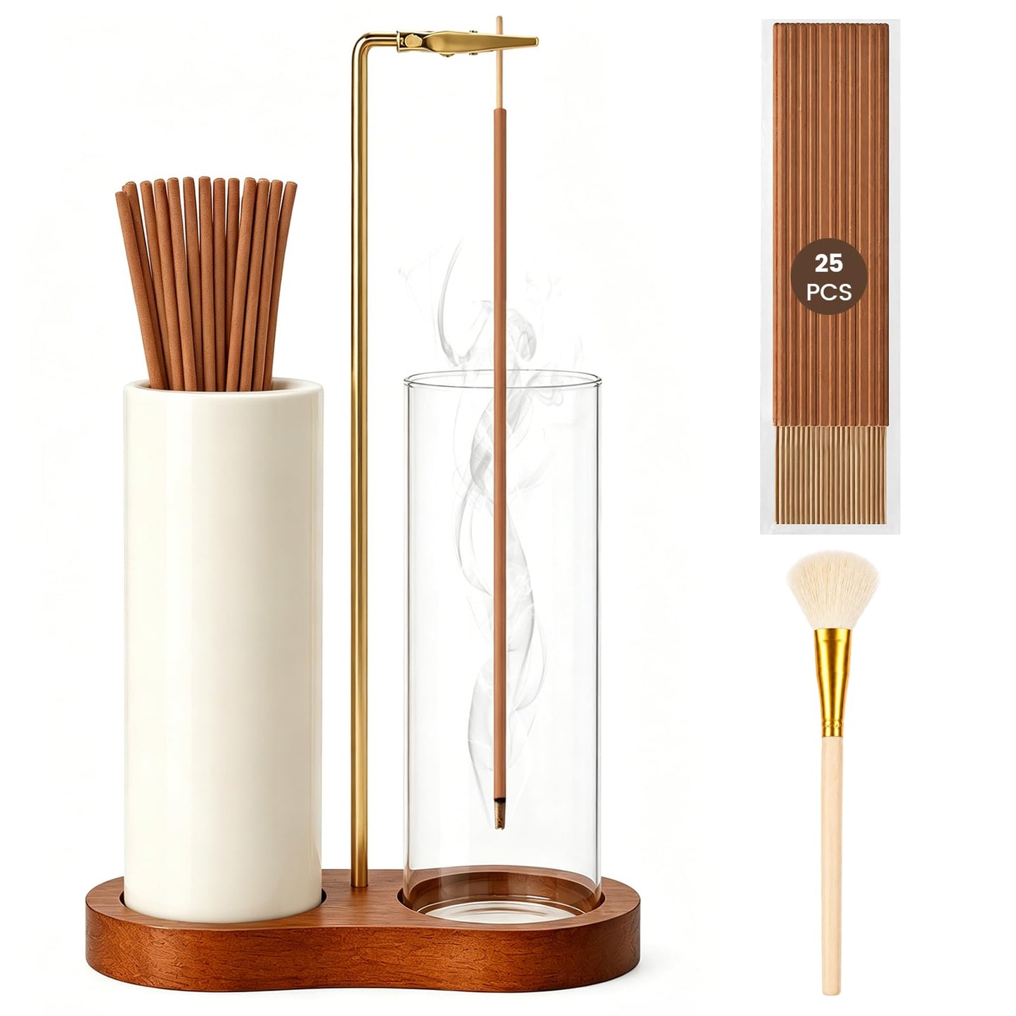 2 in 1 Incense Holder with Glass Ash Catcher, Ceramic Storage Jar, 25 Incense Sticks & Ash Brush, Ideal for Meditation, Yoga, Spa & Home Decor