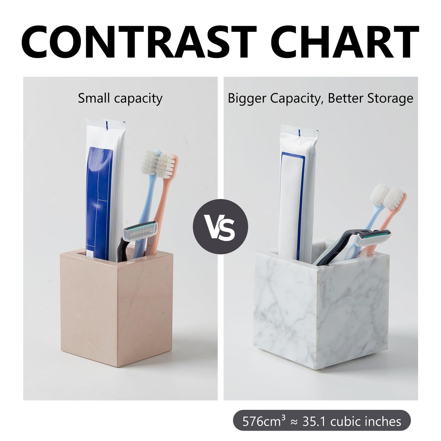 Real Luxurious Natural Marble Toothbrush Holder & Makeup Brush Organizer & Pen Holder for Desk,3.93inch Square Marble Utensil Holder Non-Ceramic/Non-Resin （White）