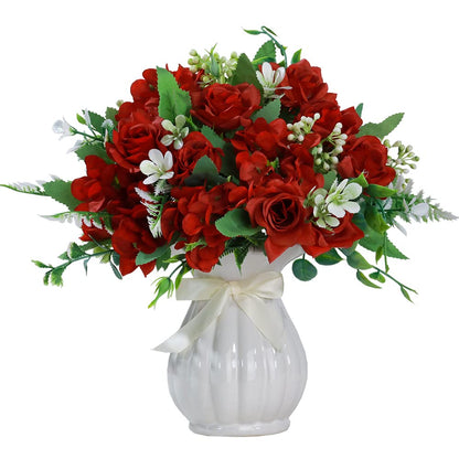 LESING Artificial Rose Silk Hydrangea Flowers Bouquets with Vase Rustic Fake Flowers for Home Decoration Table Centerpiece(Claret Red)