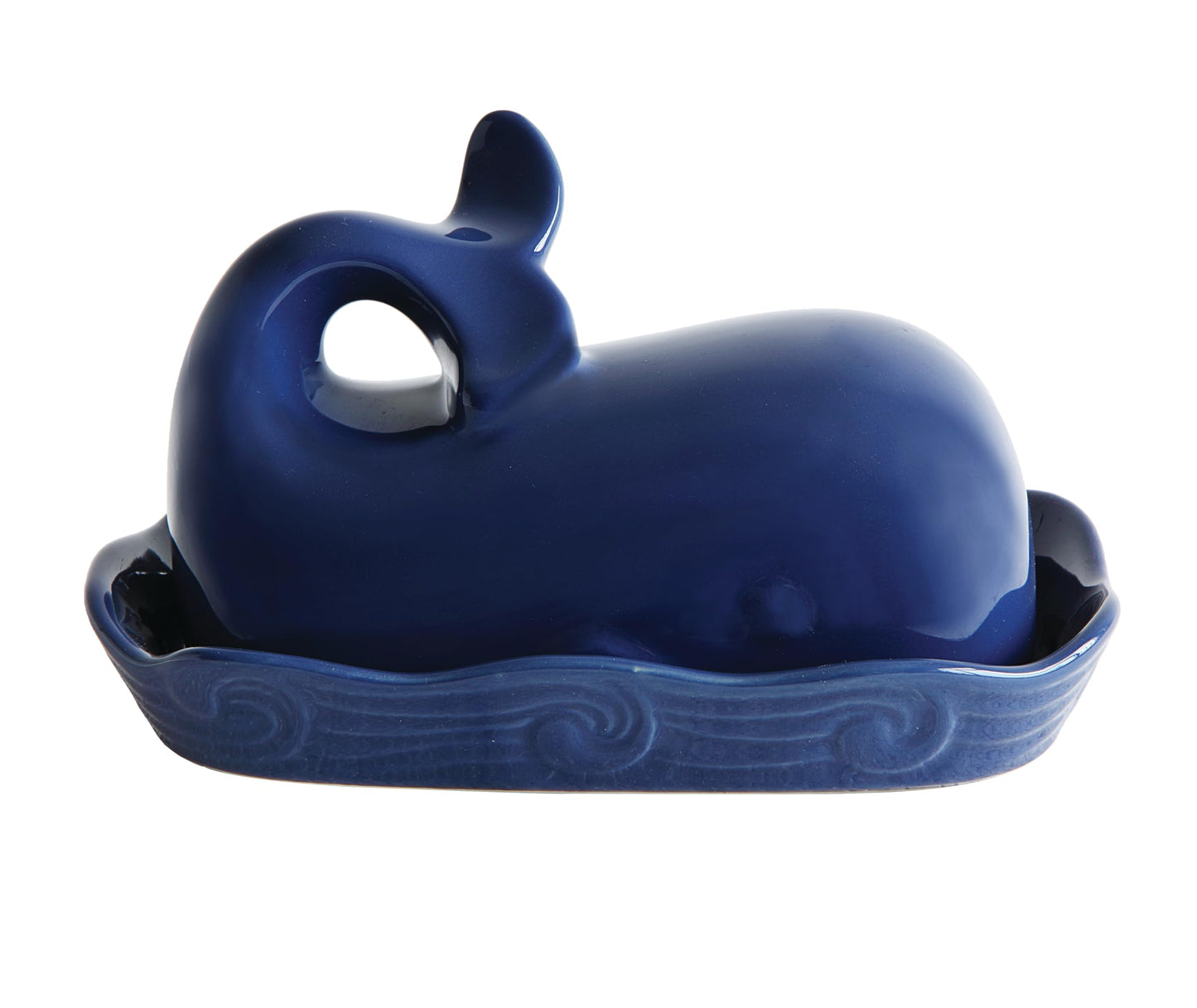Creative Co-Op Dark Blue Whale Shaped Butter Dish with Lid