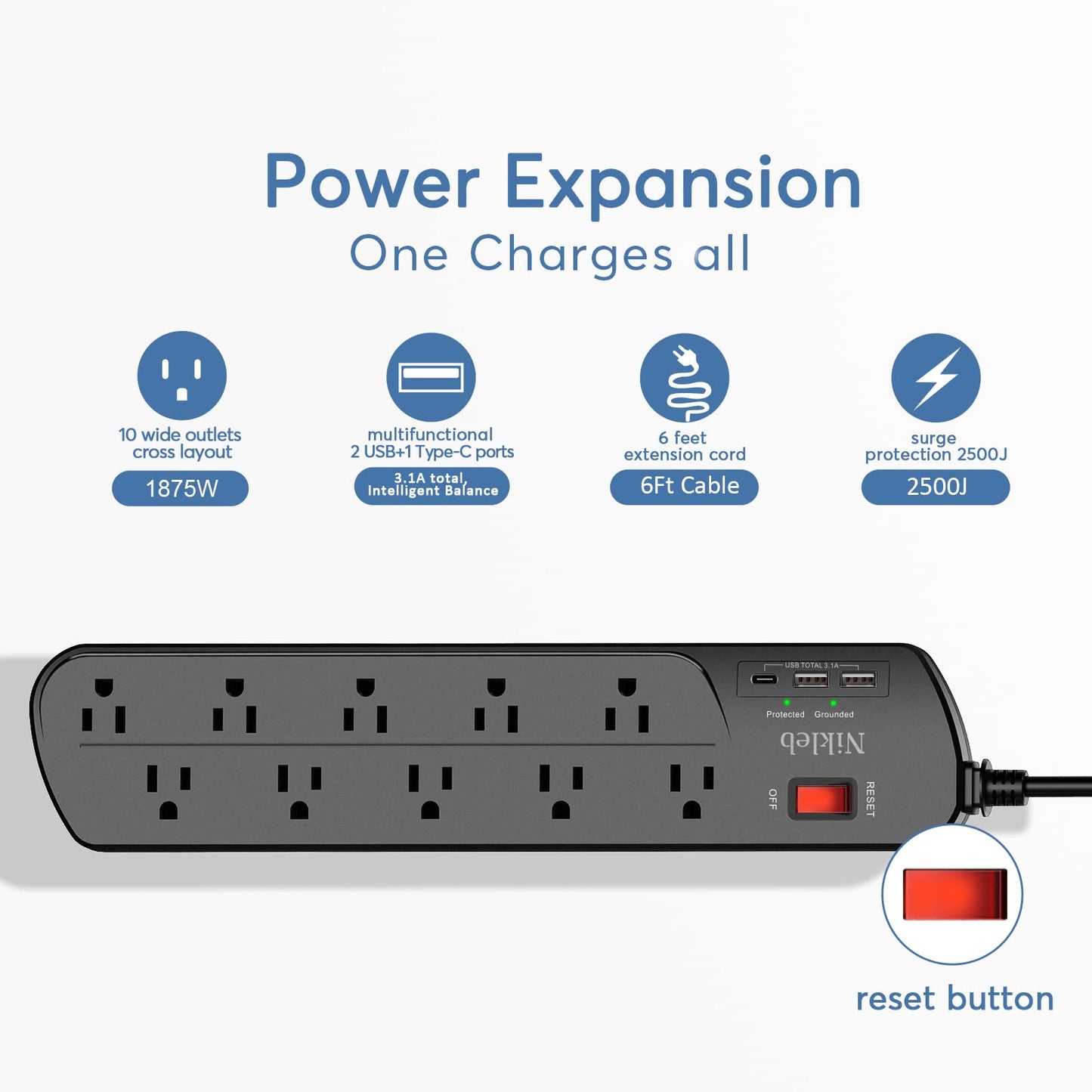Power Strip 23 in 1, 20 Outlets Surge Protector Wall Mount with 2 USB+1 USB C Ports, Multi Plug Extension Cord 6ft Heavy Duty, Accessories for Gaming, Studio, Home, Office, Desk Organizers