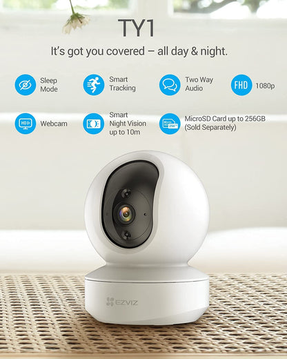 EZVIZ Indoor Camera No Monthly Fee, 256GB Supports, Baby Monitor Camera, Pet Camera. Motion Detection, Auto Tracking, Night Vision, Alarm, Two Way Audio, 2.4G Wifi, Alexa Google IFTTT Control(TY1 2MP)
