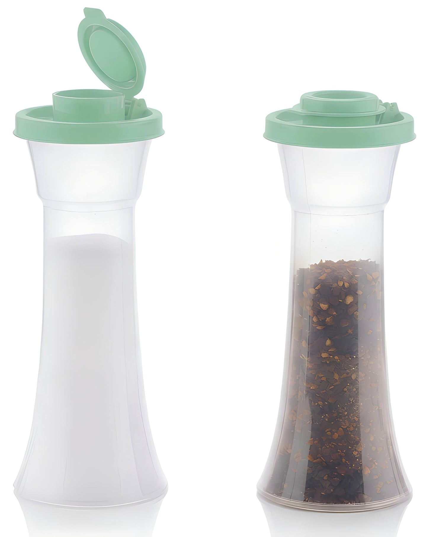 Tupperware Large Hourglass Salt and Pepper Shakers Clear Containers with Sage Green