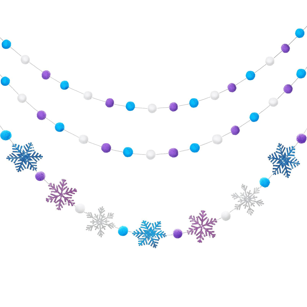 Tatuo 3 Pieces Winter Felt Ball Banner Snowflake Garland Glittery Banner Wonderland Theme Pom Pom Decor Holiday Hanging Decor for Birthday Baby Shower Wedding Party