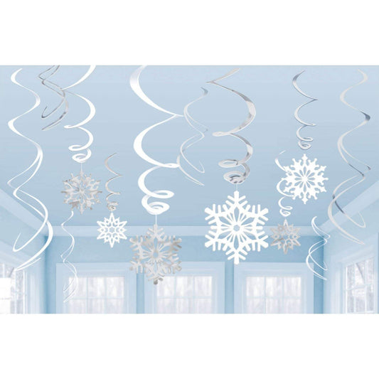 Metallic Silver Foil Snowflake Swirl Hanging Decorations - 24", 12 Pieces - Perfect Hanging Cutouts for Christmas Holiday Cheer
