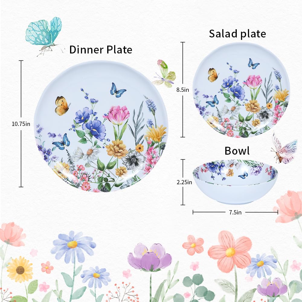 Lechoo 12 Piece Melamine Dinnerware Sets - Plates And Bowls Sets Floral Dinnerware Sets- Spring Camping Dishs Indoor Outdoor Use,Flowers And Butterflies Pattern