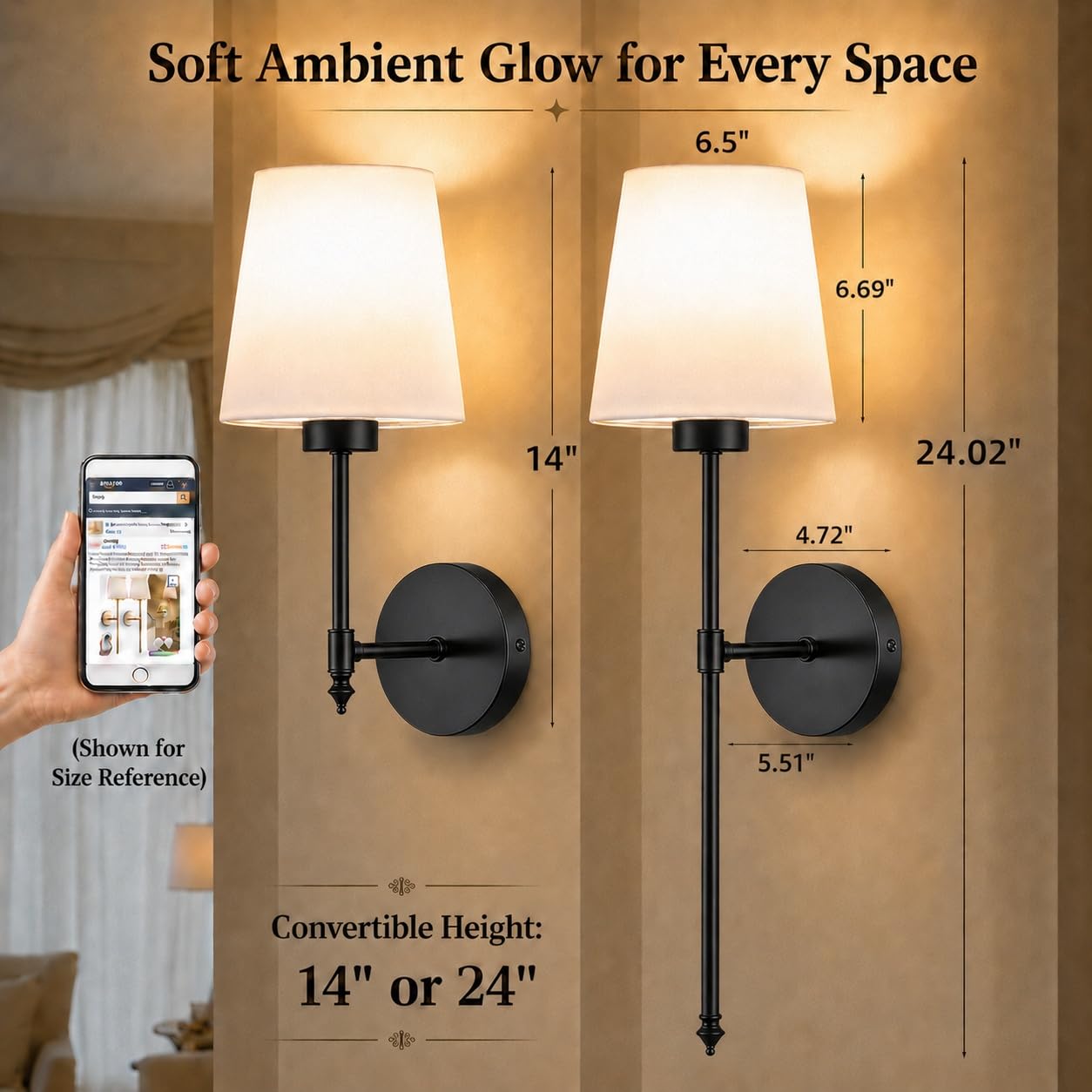 IRONPAX Wall Sconces Battery Operated Set of 2, Wireless Rechargeable Wall Sconce Set of Two, Dimmable Wall Lights with Remote for Bedroom Living Room Hallway Decor (Black, Fabric Shade)