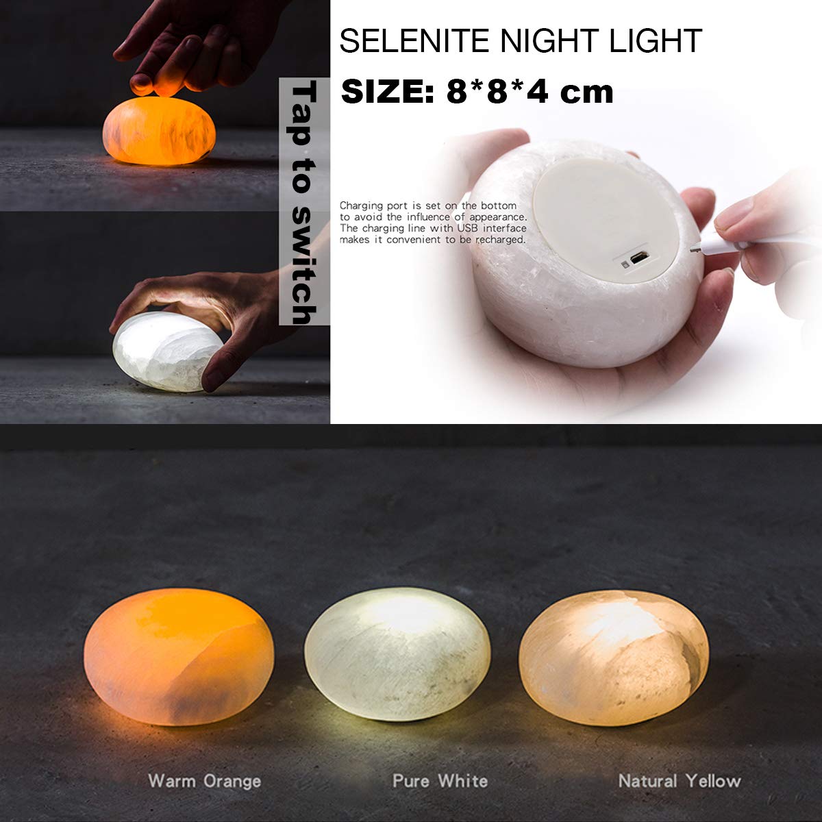 MIYA LIFE Selenite Lamp Hand Carved Stone Lamp Rechargeable Taplights Selenite Crystal Light with Dimmer (White/Warm/Yellow) for Bedroom Healing Natural Crystal Light (1 Piece, Round Taplight)