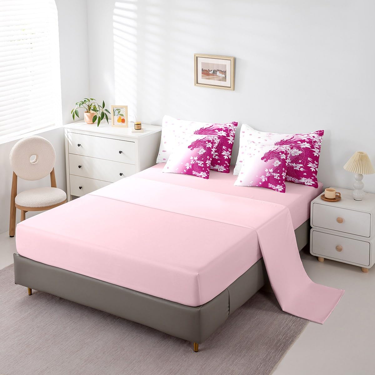 Erosebridal Pink Fantasy Dragon Bed in A Bag Pink White Gradient Princess Bedding Set for Kids Girls Teen Women,Magical Wildlife Animal Twin Comforter Set 7 Piece Dreamy Cherry Blossom Bed Set