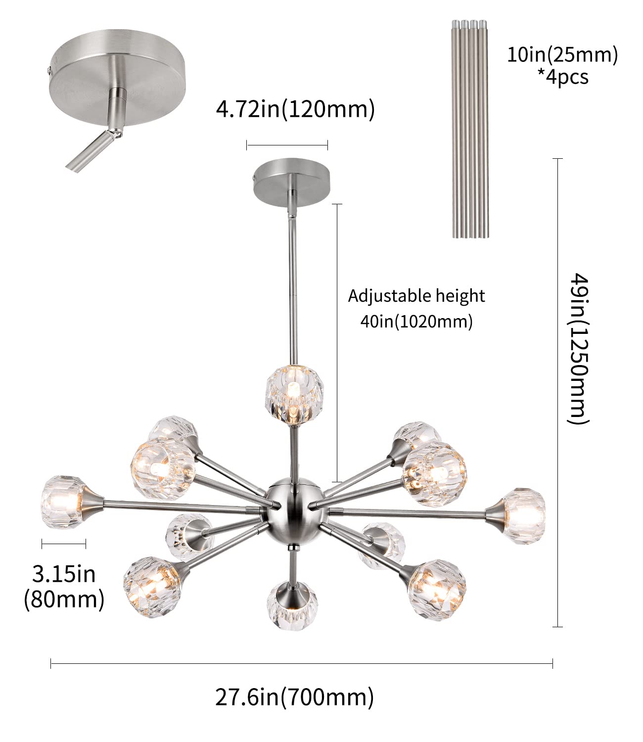 MKONOL Modern Sputnik Crystal Chandelier, 12-Light Brushed Nickel Firework Chandelier, Mid Century Dandelion Pendant Light Fixture for Dining Room, Living Room, Bedroom, G9 Base (Bulbs Not Included)