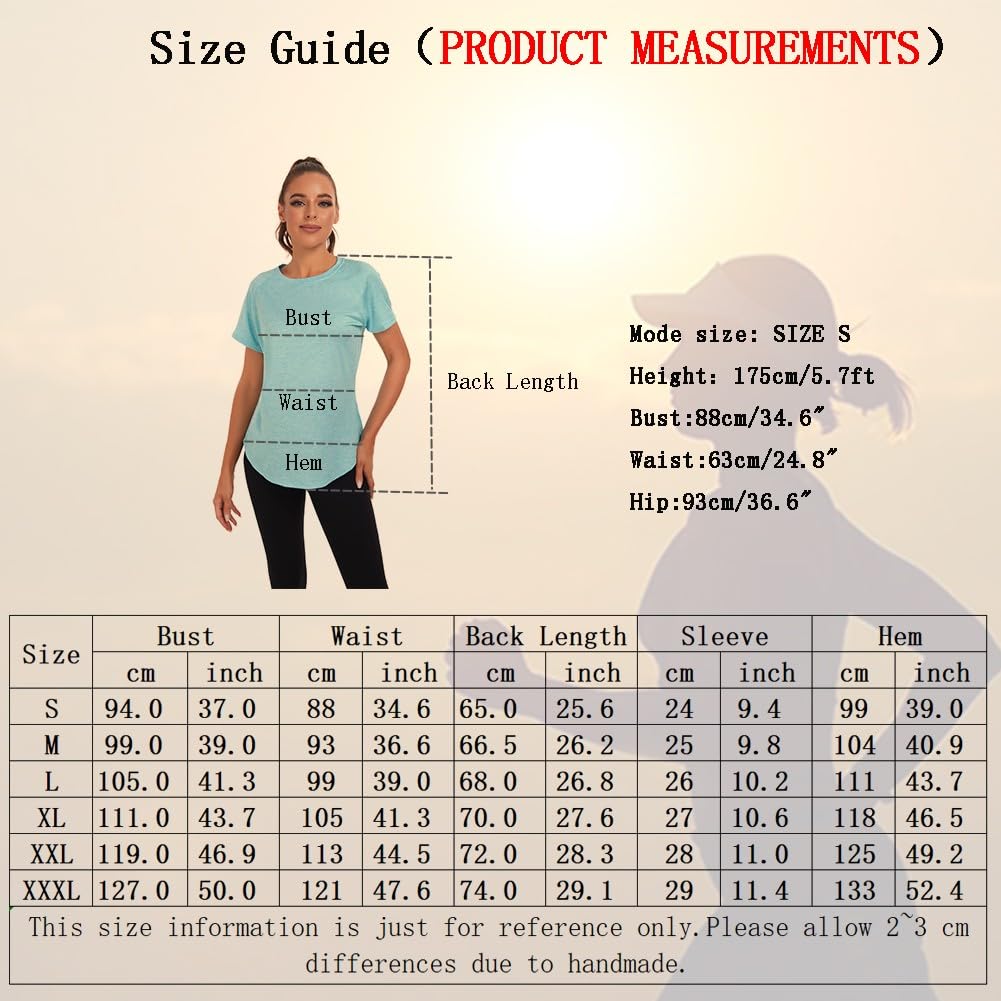 Jlowesun Women's Long Gym Tops Ladies Sports Running T-Shirt, Short Sleeve Summer Quick Dry Fitness Athletic Workout Yoga Loose Plus Size Activewear for Exercise T Shirt
