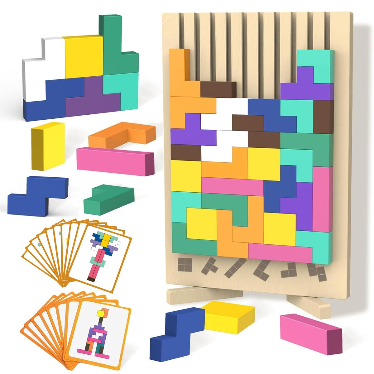 Wooden Block Puzzle Montessori Toys, Colorful Stacking Game Brain Teaser Puzzles for Toddlers and Kids with 20 Cards, Educational Wooden Toy Gifts for 3 4 5 6 7 8 Year Old Boys and Girls