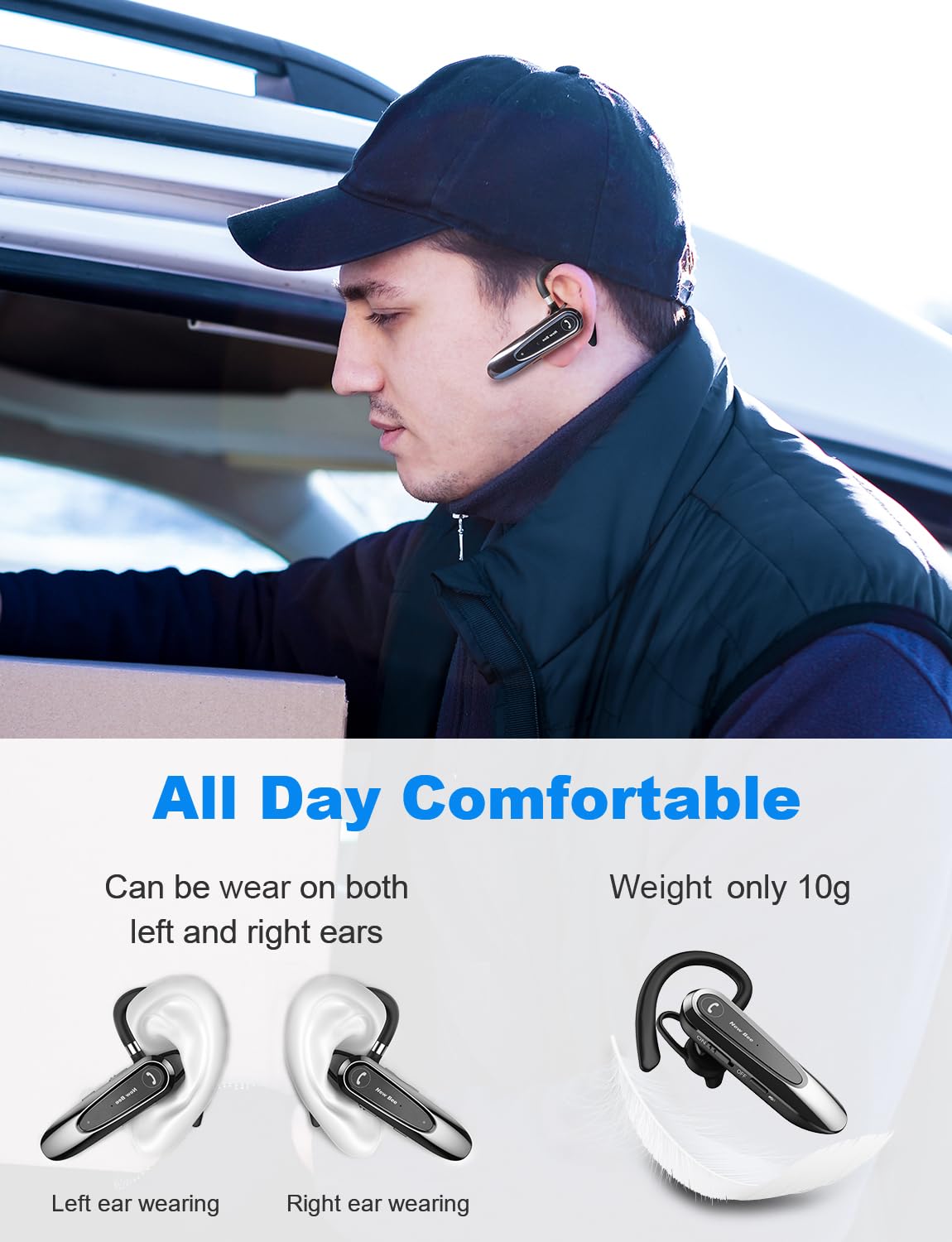 New bee Bluetooth Headsets with Dual Mic V5.0 Handsfree Bluetooth Earpiece with 25 Hrs Talking Time Mic Mute Two Device Connection for iPhone, Android and Laptop