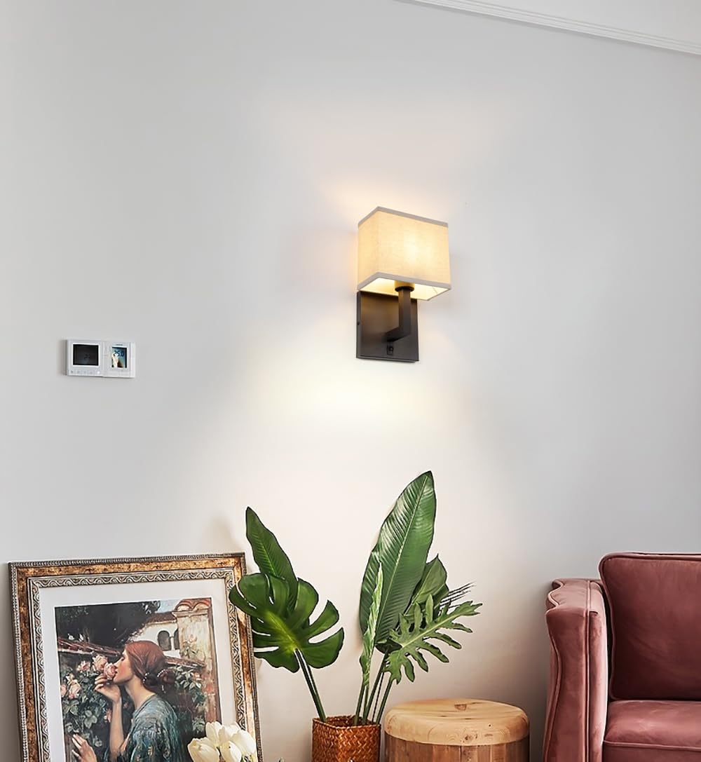 Yosoan Set of 2 Linen Boho Fabric Wall Sconce with On Off Switch, Vanity Retro Hardwired Indoor Vintage Industrial Wall Mount Lamp Fixture Lighting for Bedside Living Room Stairwell Hallway(Black)