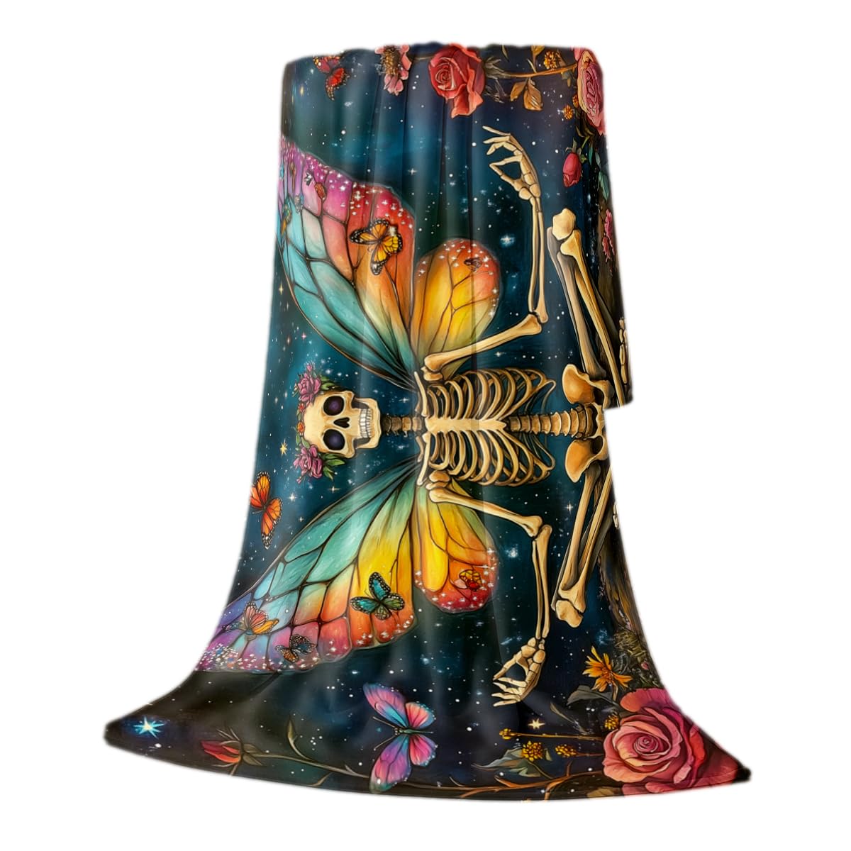 HUNXIAOJ Skeleton Butterfly Floral Blanket Throw Gothic Skull Blanket Soft Flannel Skeleton Bedding Whimsical Decor for Couch Bed Living Room Home Halloween Yoga Meditation Gifts 49"x59"