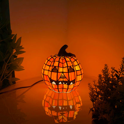 Bieye L10927 Carved Pumpkin Tiffany Style Stained Glass Accent Table Lamp for Halloween Decor